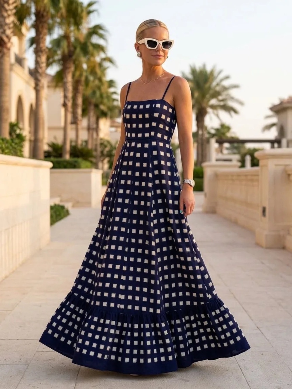 DE CASTRO 100% COTTON Navy Blue Checkmate Dress Size Medium NWT